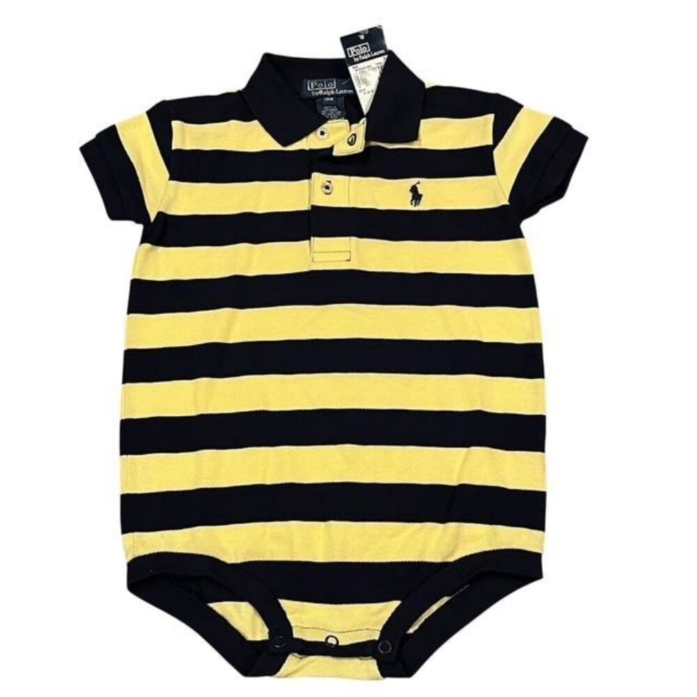 POLO RALPH LAUREN Short Sleeve Yellow And Blue Striped Bodysuit Size 18M NWT